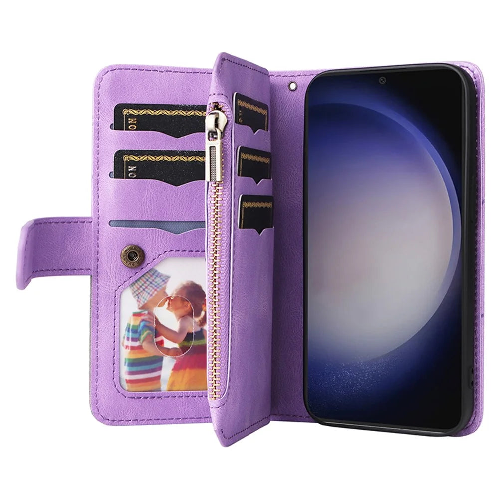 For Samsung Galaxy S25 / S24 Leather Case with Strap Zipper 9 Card Slot Phone Cover Stand - Light Purple - 2