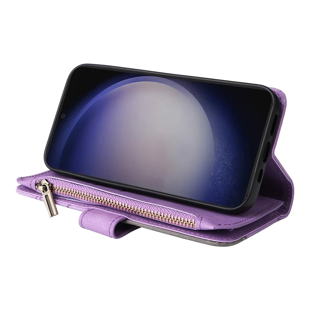 For Samsung Galaxy S25 / S24 Leather Case with Strap Zipper 9 Card Slot Phone Cover Stand - Light Purple - 3