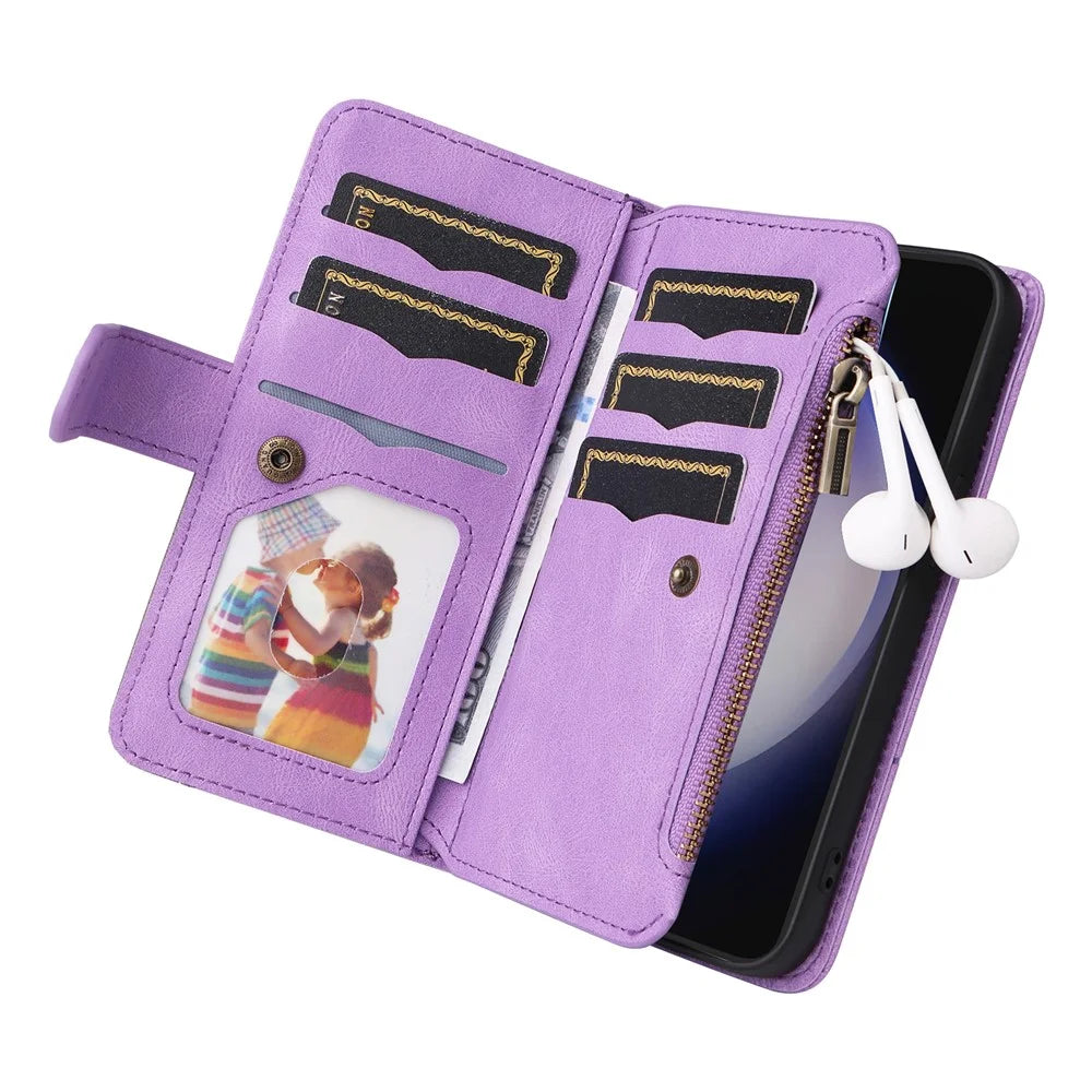 For Samsung Galaxy S25 / S24 Leather Case with Strap Zipper 9 Card Slot Phone Cover Stand - Light Purple - 5
