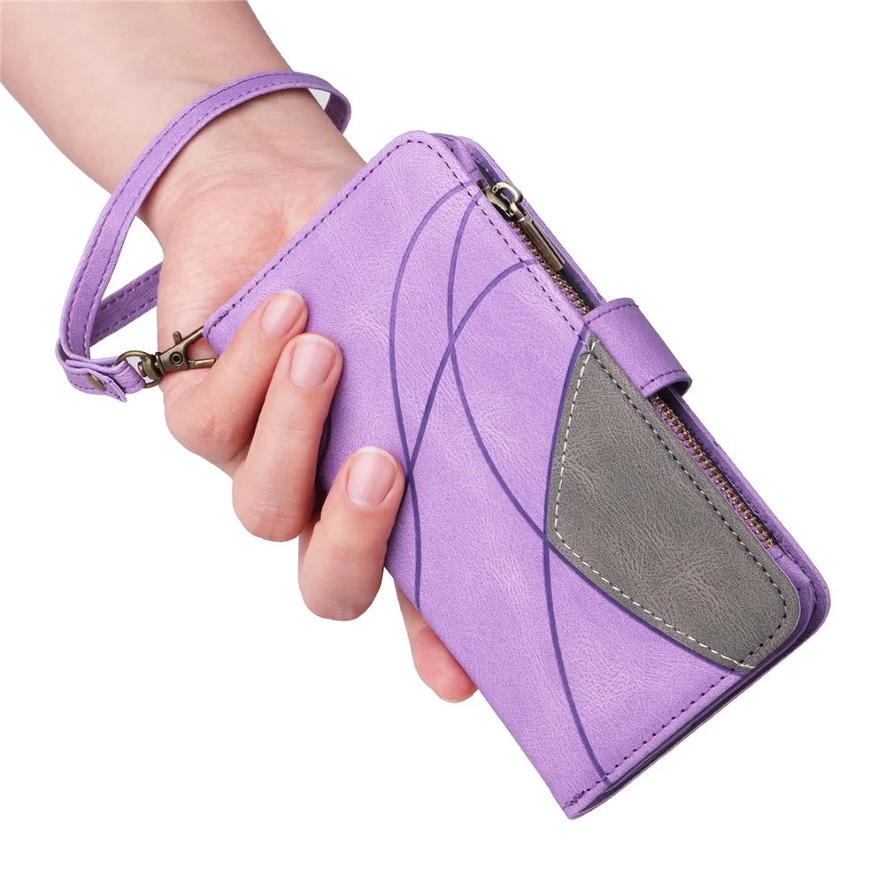 For Samsung Galaxy S25 / S24 Leather Case with Strap Zipper 9 Card Slot Phone Cover Stand - Light Purple - 6