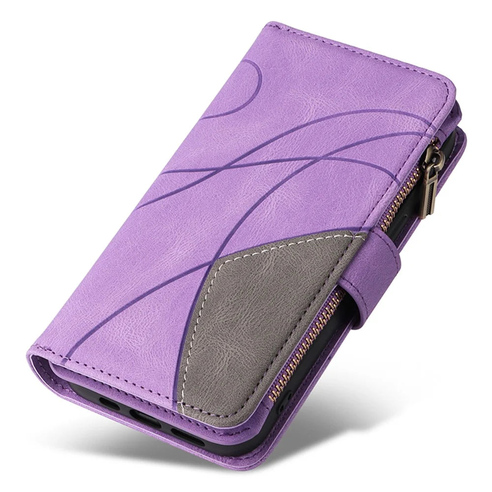 For Samsung Galaxy S25 / S24 Leather Case with Strap Zipper 9 Card Slot Phone Cover Stand - Light Purple - 7