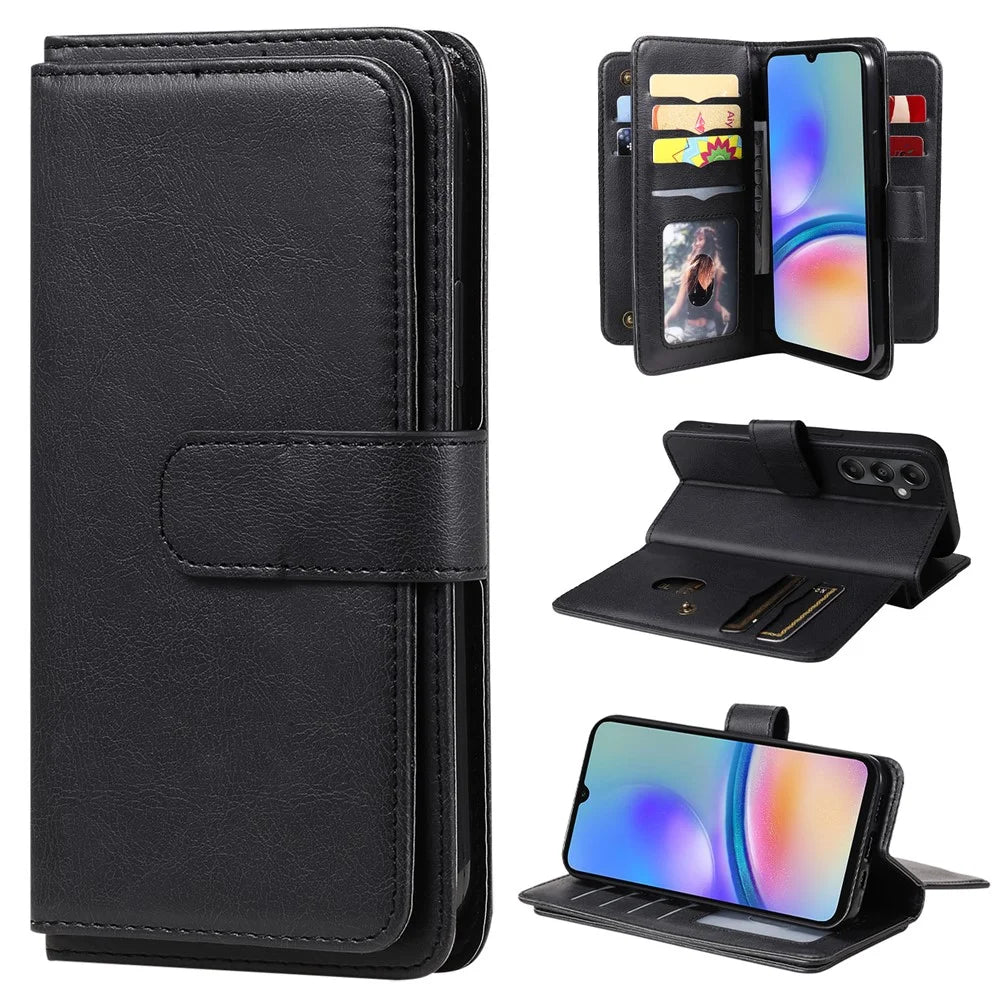 For Samsung Galaxy A05s 4G Leather Case with 10 Card Holder Phone Cover Stand - Black - 1