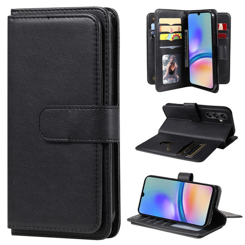 For Samsung Galaxy A05s 4G Leather Case with 10 Card Holder Phone Cover Stand - Black - 1