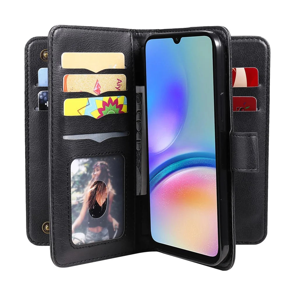 For Samsung Galaxy A05s 4G Leather Case with 10 Card Holder Phone Cover Stand - Black - 6