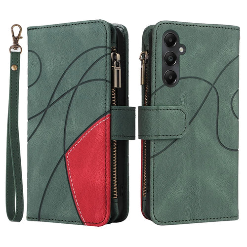 For Samsung Galaxy A05s 4G Leather Case with Strap Zipper 9 Card Slot Phone Cover Stand - Green - 1