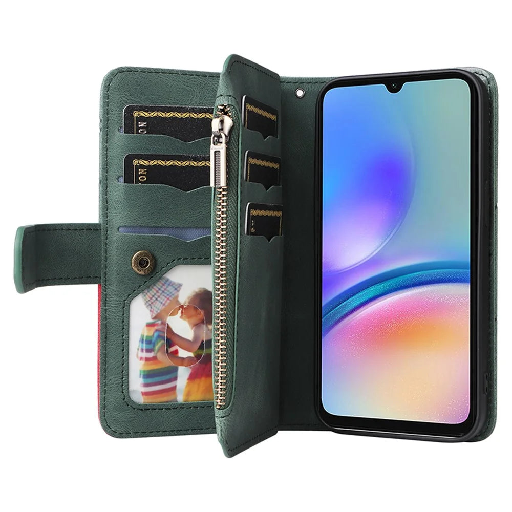 For Samsung Galaxy A05s 4G Leather Case with Strap Zipper 9 Card Slot Phone Cover Stand - Green - 2