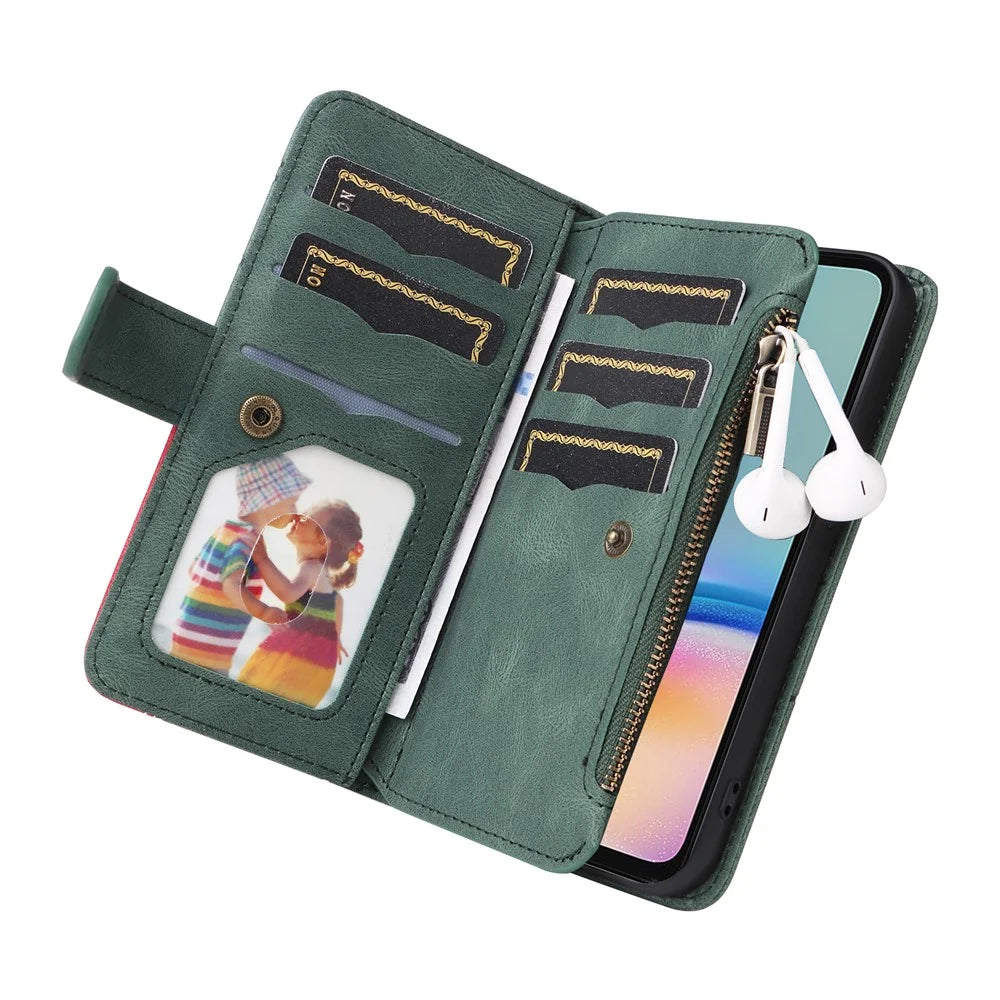 For Samsung Galaxy A05s 4G Leather Case with Strap Zipper 9 Card Slot Phone Cover Stand - Green - 5
