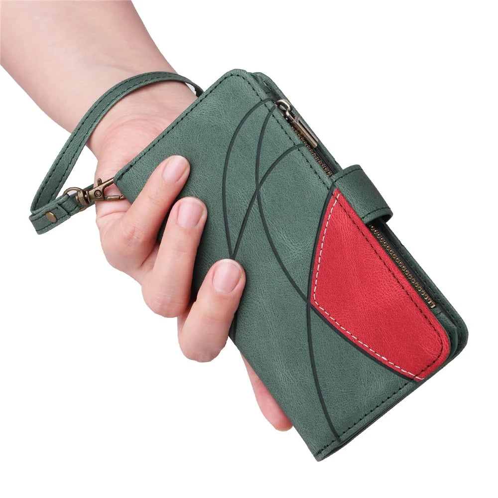 For Samsung Galaxy A05s 4G Leather Case with Strap Zipper 9 Card Slot Phone Cover Stand - Green - 6