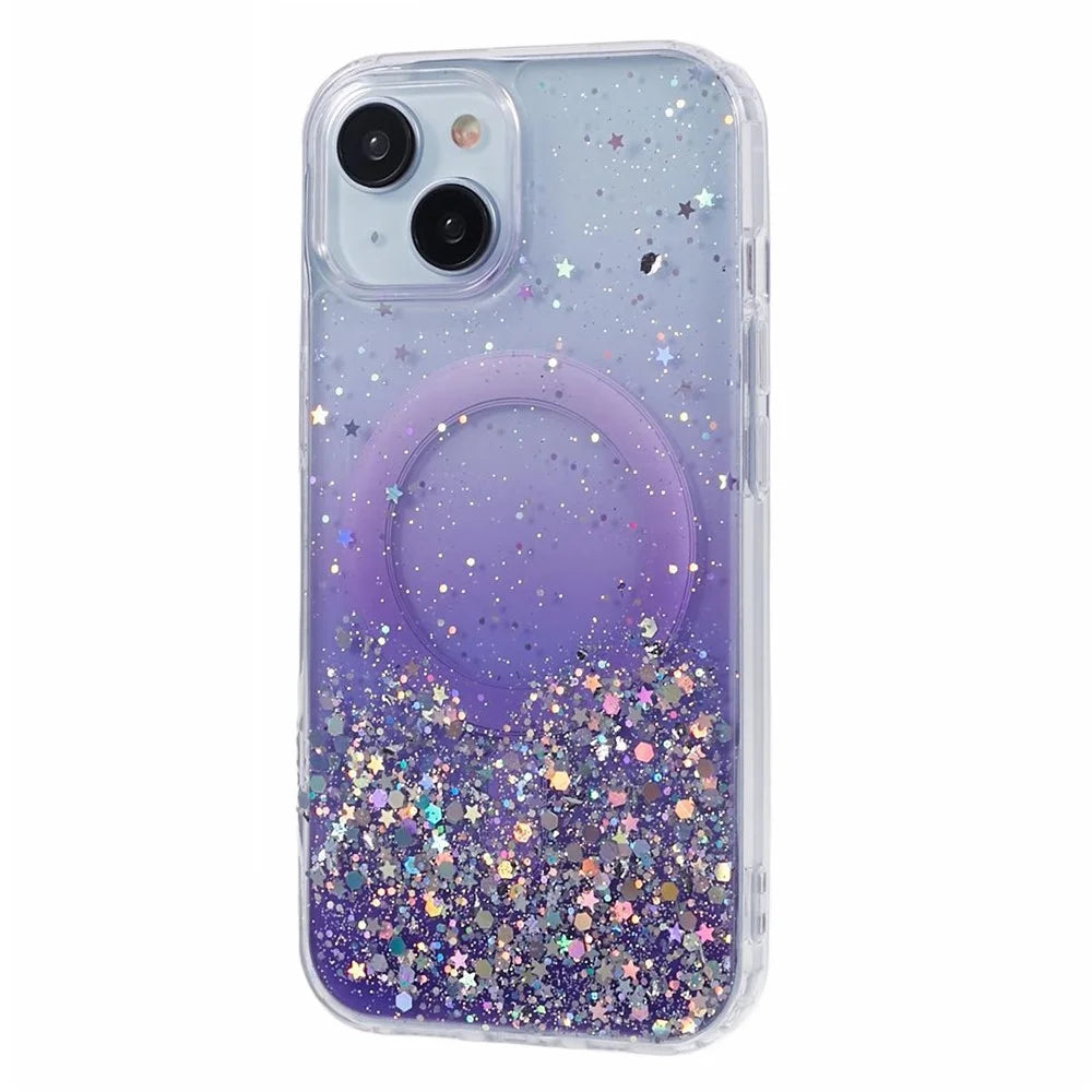 JTW Series for iPhone 15 Magnetic Case Gradient Glitter Sequins Epoxy Phone Cover - Purple - 1