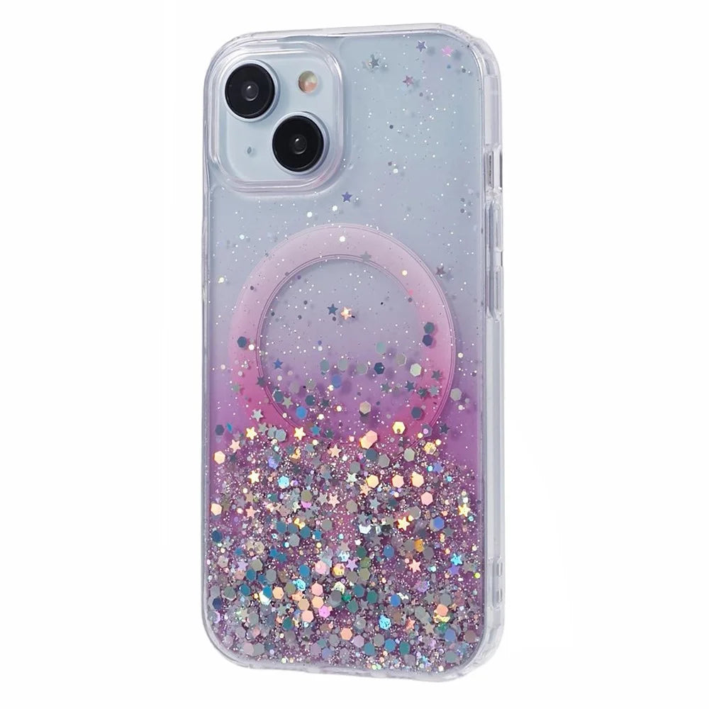 JTW Series for iPhone 13 Case Gradient Glitter Acrylic+TPU Magnetic Phone Cover - Pink - 1