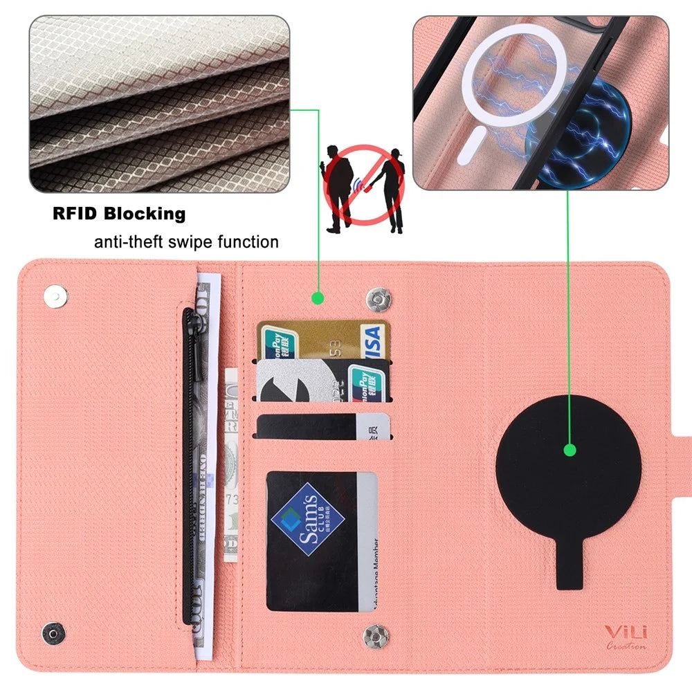 VILI GHB Series for iPhone 15 Pro Max Magnetic Case Compatible with MagSafe Leather Cover - Pink - 4