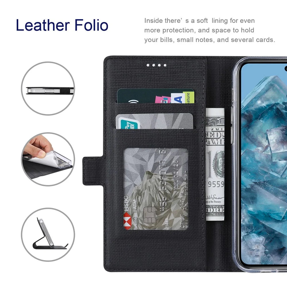 VILI DMK Series for Google Pixel 8 Pro Case Cross Texture Leather Cover with Wallet Stand - Black - 2