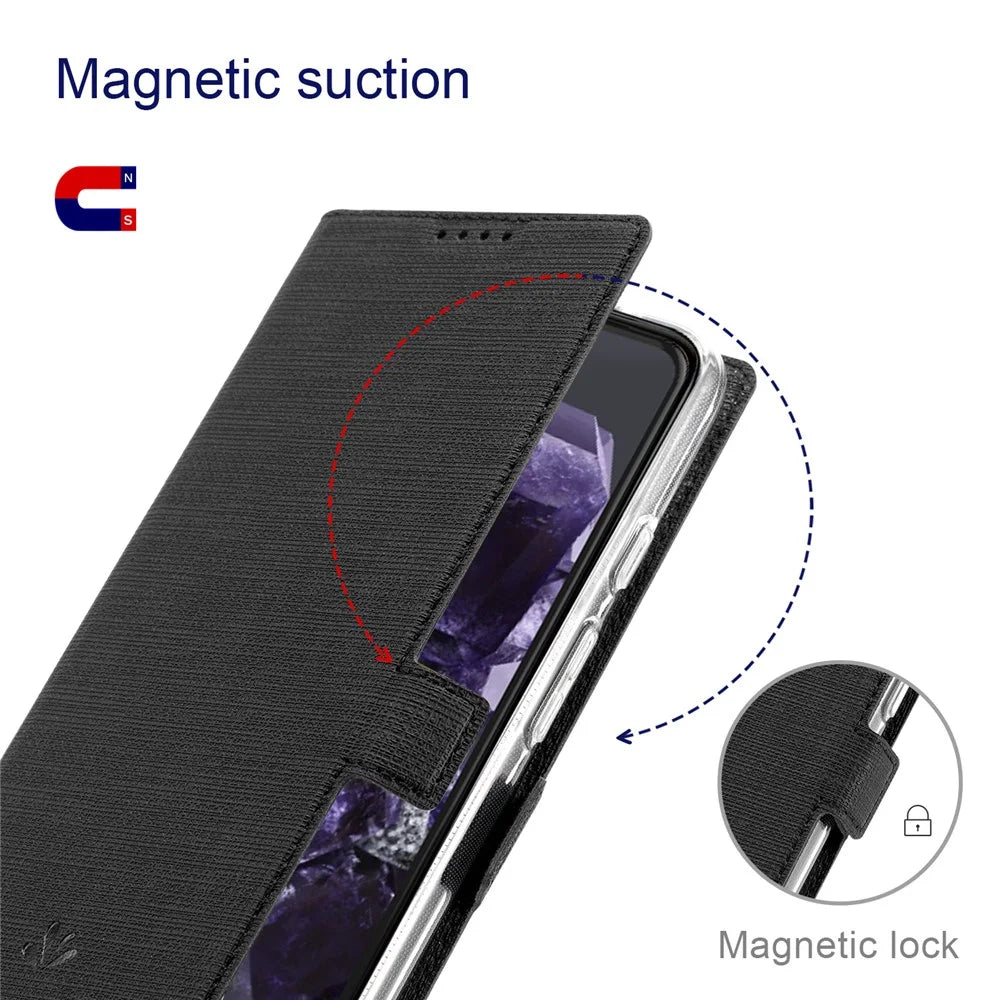 VILI DMK Series for Google Pixel 8 Case Magnetic Clasp Leather Wallet Phone Cover - Black - 5