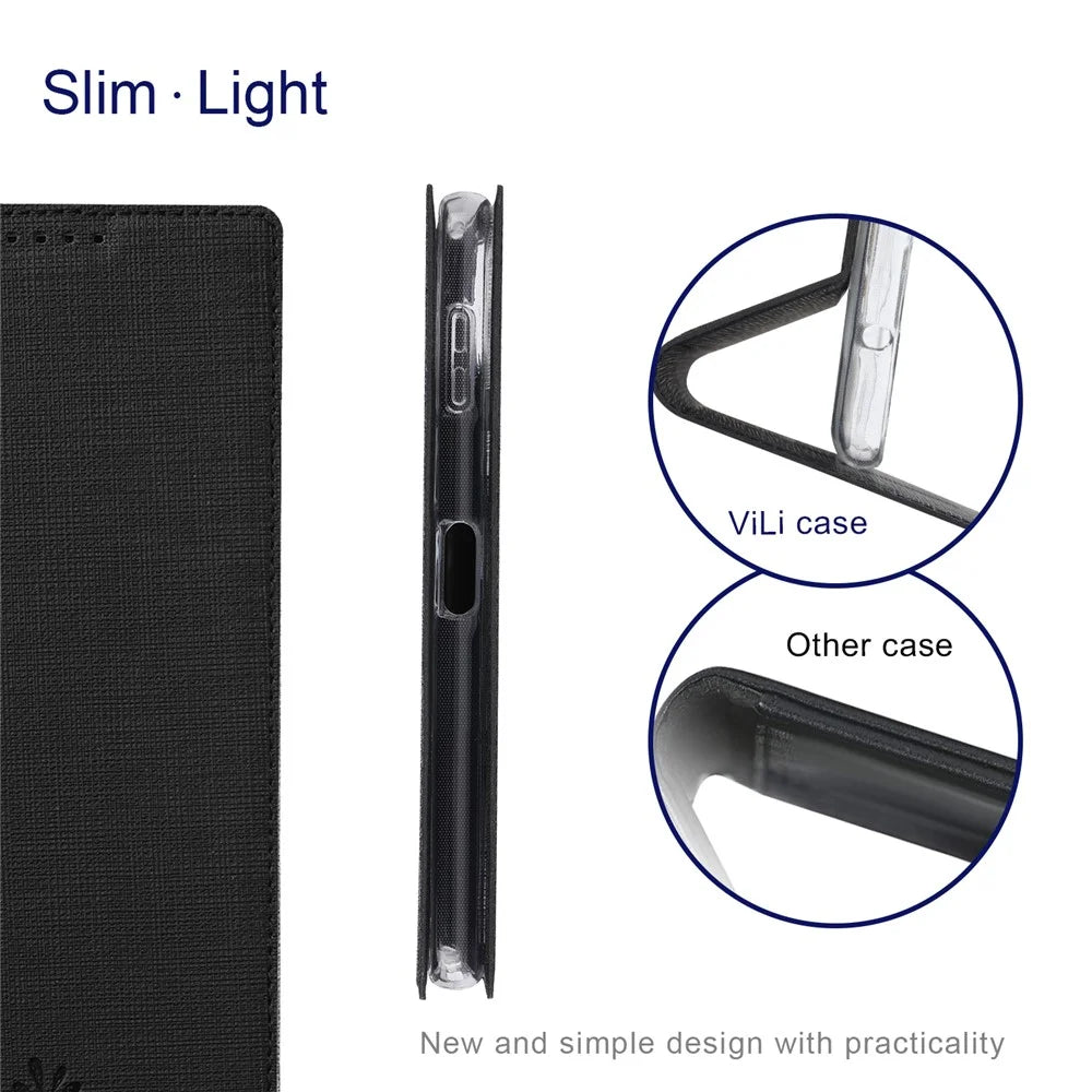 VILI DMX Series For Sharp Aquos Sense 8 Case Leather Stand Cover with Card Holder - Black - 5