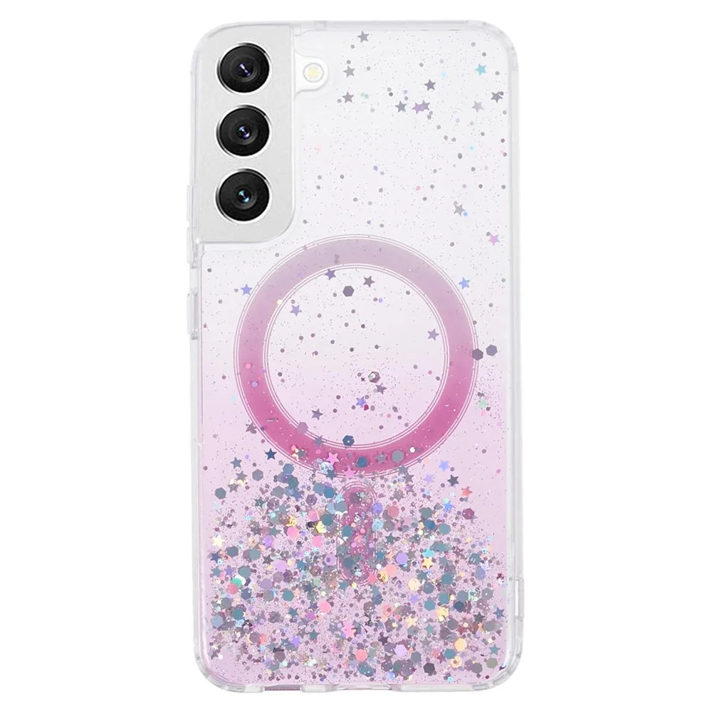 JTW Series TPU+Acrylic Phone Cover for Samsung Galaxy S22+ 5G Slim Case Glitter Epoxy Phone Case Magnetic Case - Pink - 1