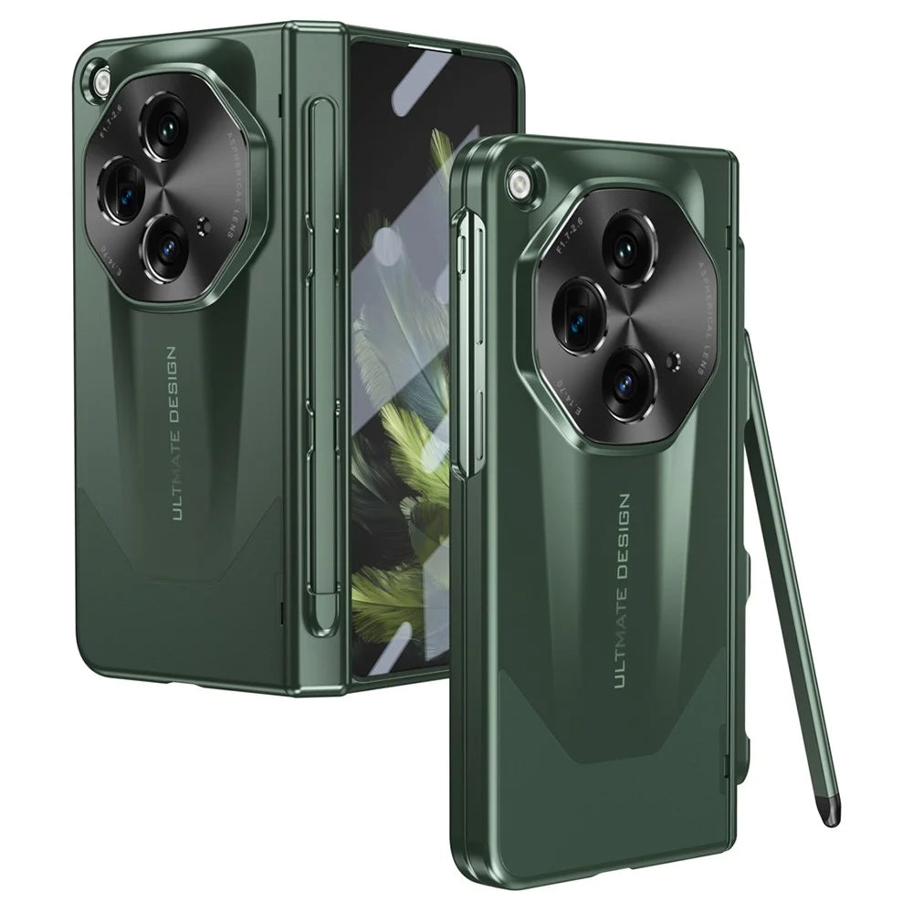 For OnePlus Open Case Tempered Glass Film Hinge Protection PC Cover with Stylus / Stylus Slot - Green - 1