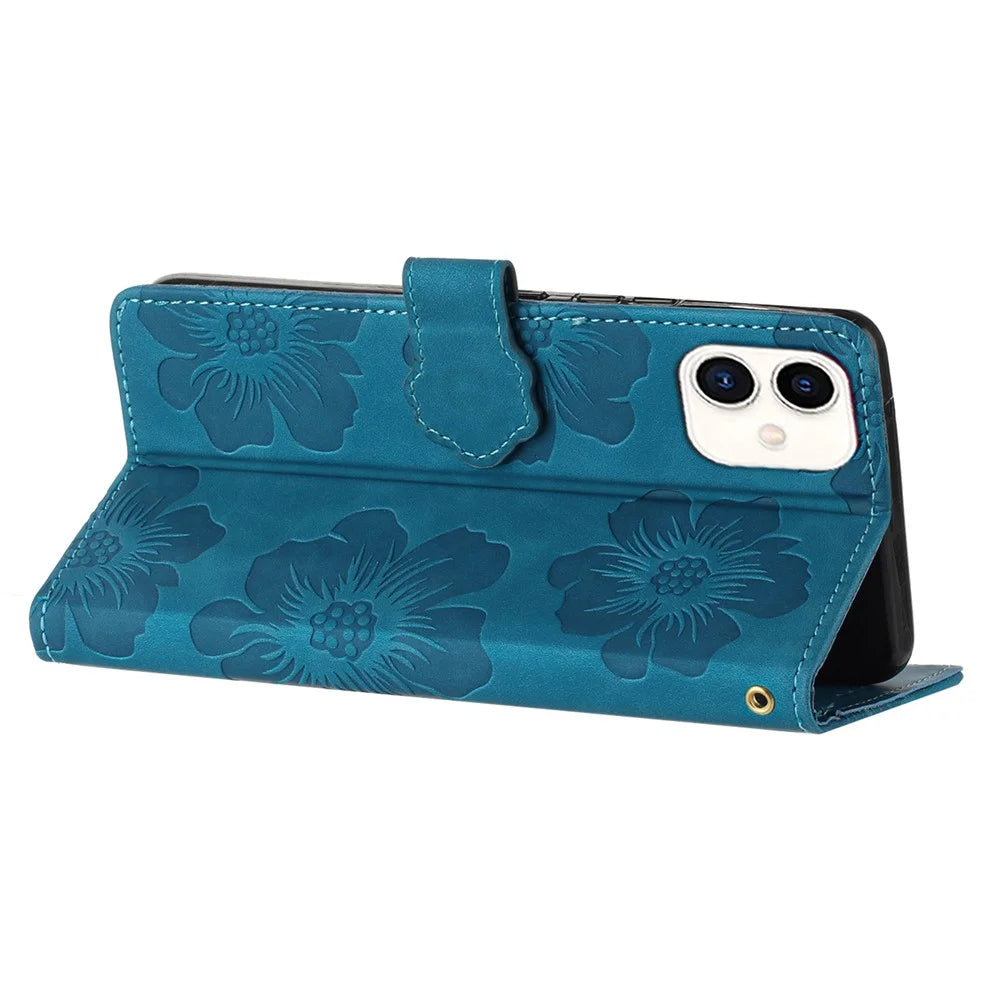 For Samsung Galaxy A05s 4G PU Leather Wallet Phone Cover Flowers Imprinted Flip Stand Phone Case - Blue - 4