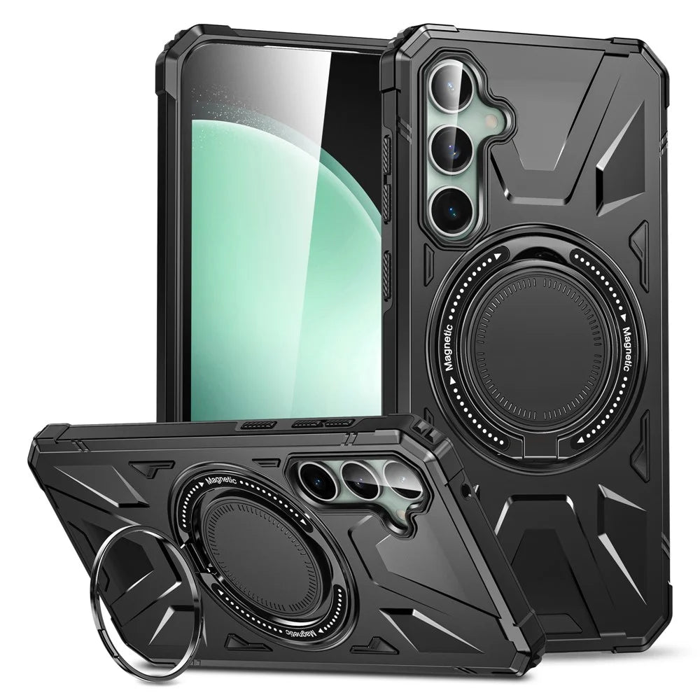For Samsung Galaxy S23 FE Case TPU+PC Rotating Kickstand Phone Cover Built-in Magnetic Holder Metal Sheet - Black - 1