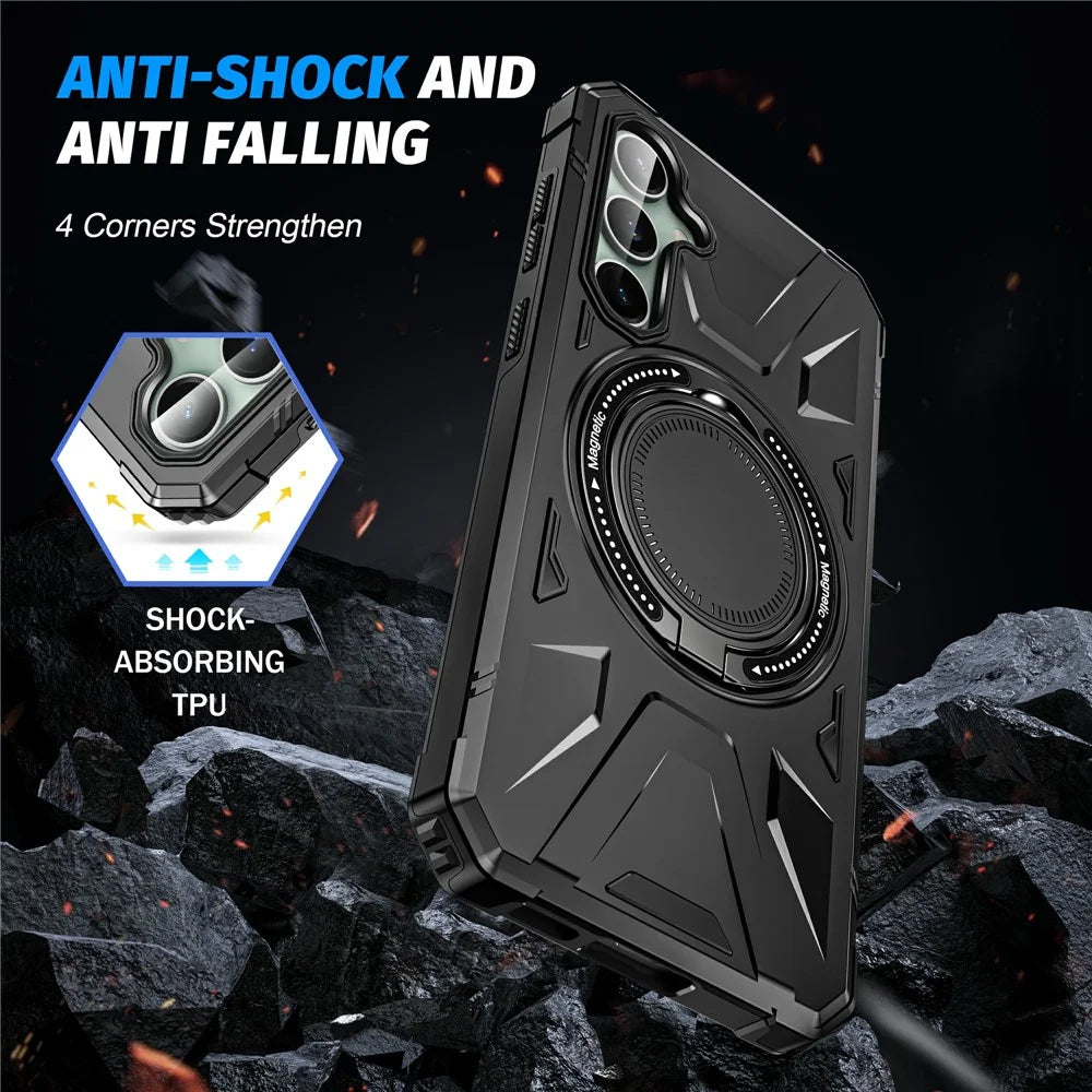 For Samsung Galaxy S23 FE Case TPU+PC Rotating Kickstand Phone Cover Built-in Magnetic Holder Metal Sheet - Black - 4