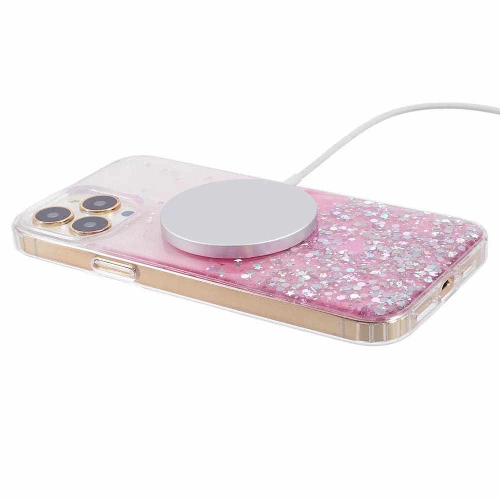 JTW Series For iPhone 13 Pro Max 6.7 inch TPU+Acrylic Case Compatible with MagSafe Glitter Epoxy Anti-Drop Phone Cover - Pink - 4