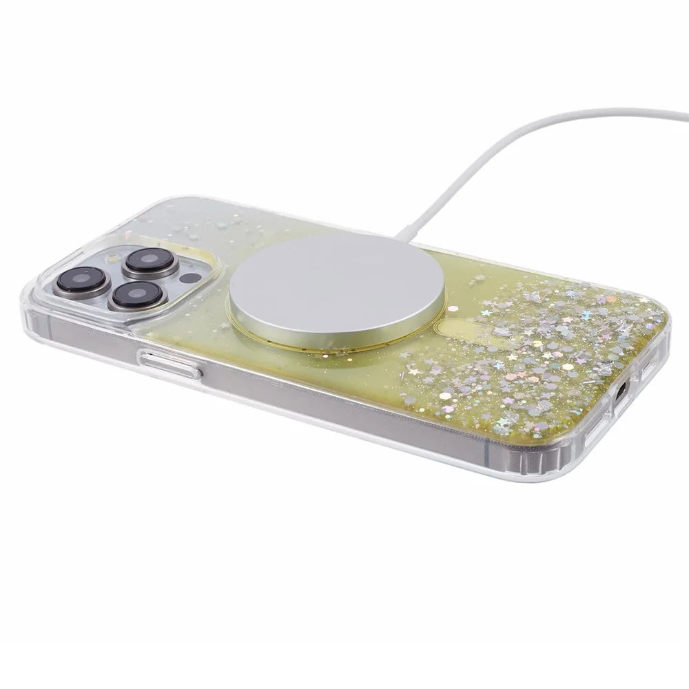 JTW Series For iPhone 14 Pro Slim Case Compatible with MagSafe Sparkle Epoxy TPU+Acrylic Phone Cover - Yellow - 4