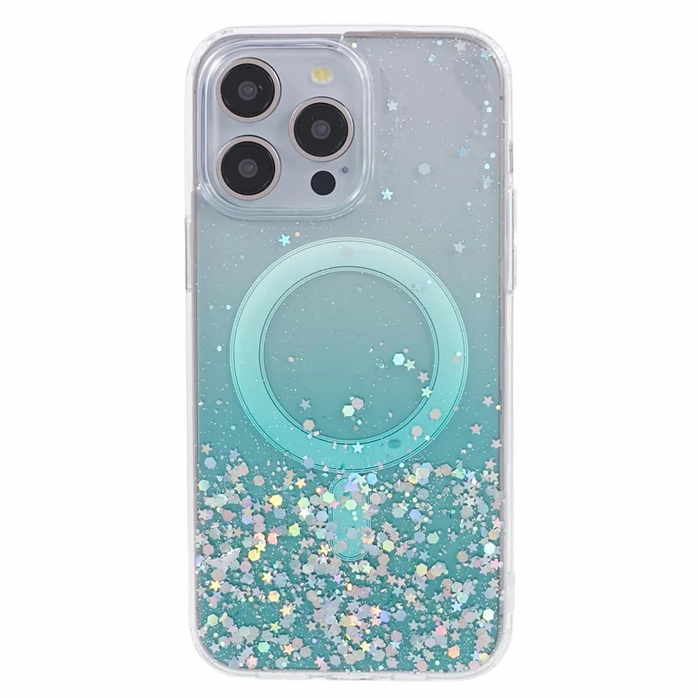 JTW Series For iPhone 15 Pro Shockproof Case Sparkle Epoxy TPU+Acrylic Phone Shell Compatible with MagSafe - Green - 3