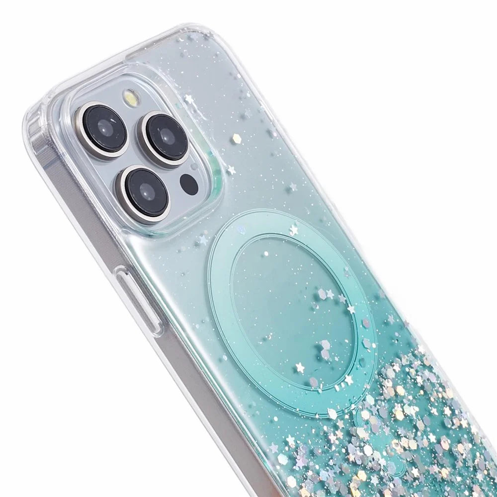 JTW Series For iPhone 15 Pro Shockproof Case Sparkle Epoxy TPU+Acrylic Phone Shell Compatible with MagSafe - Green - 6