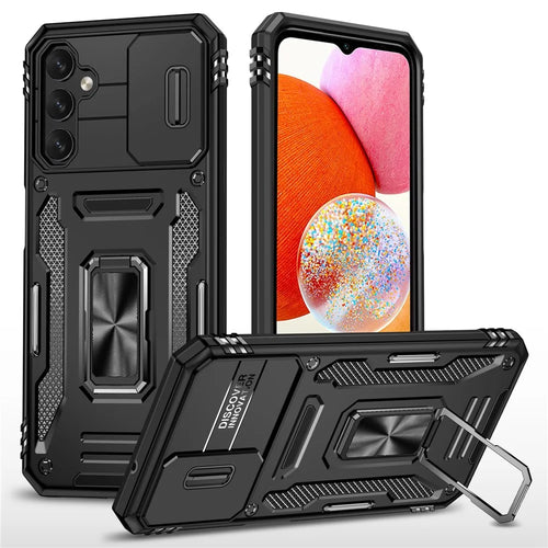 Armor Series For Samsung Galaxy A15 4G Case PC+TPU Anti-Drop Kickstand Phone Cover with Slide Lens Shield - Black - 1
