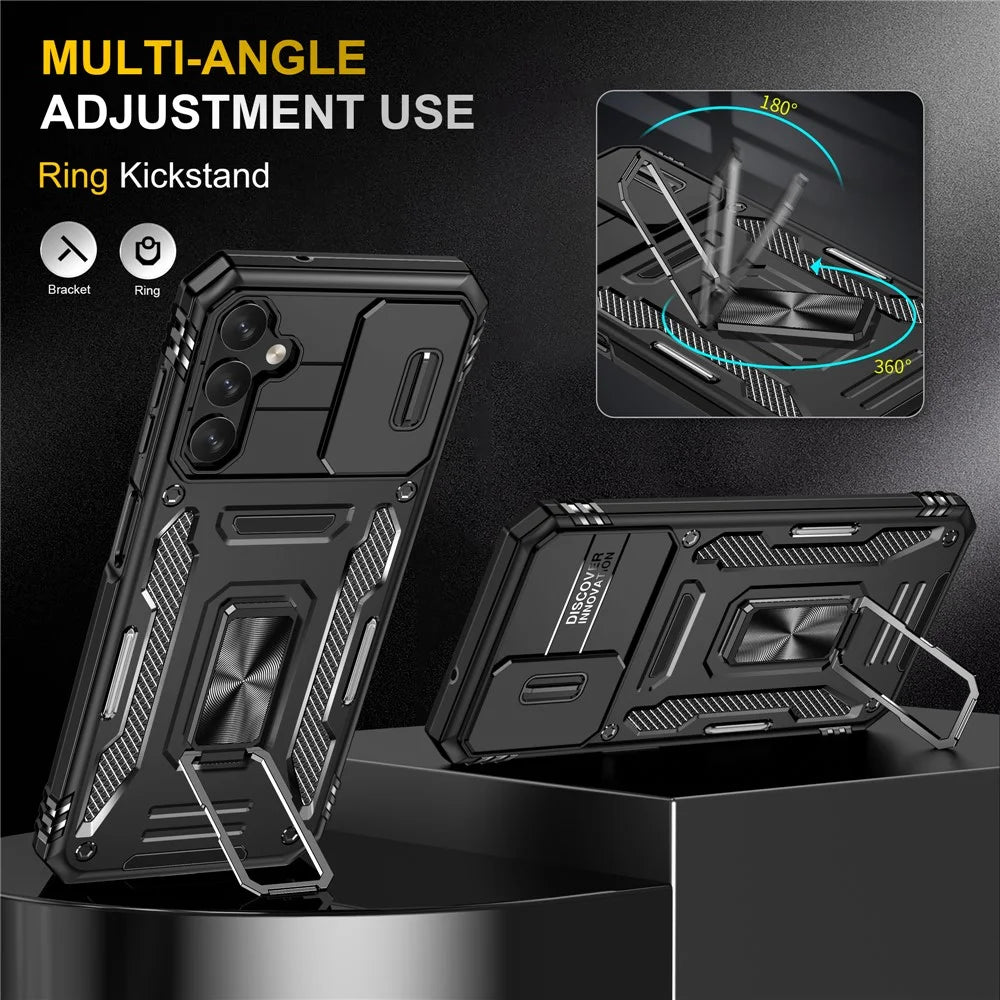 Armor Series For Samsung Galaxy A15 4G Case PC+TPU Anti-Drop Kickstand Phone Cover with Slide Lens Shield - Black - 4
