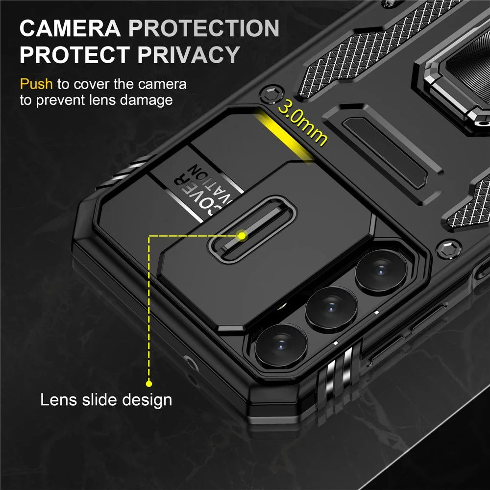 Armor Series For Samsung Galaxy A15 4G Case PC+TPU Anti-Drop Kickstand Phone Cover with Slide Lens Shield - Black - 5