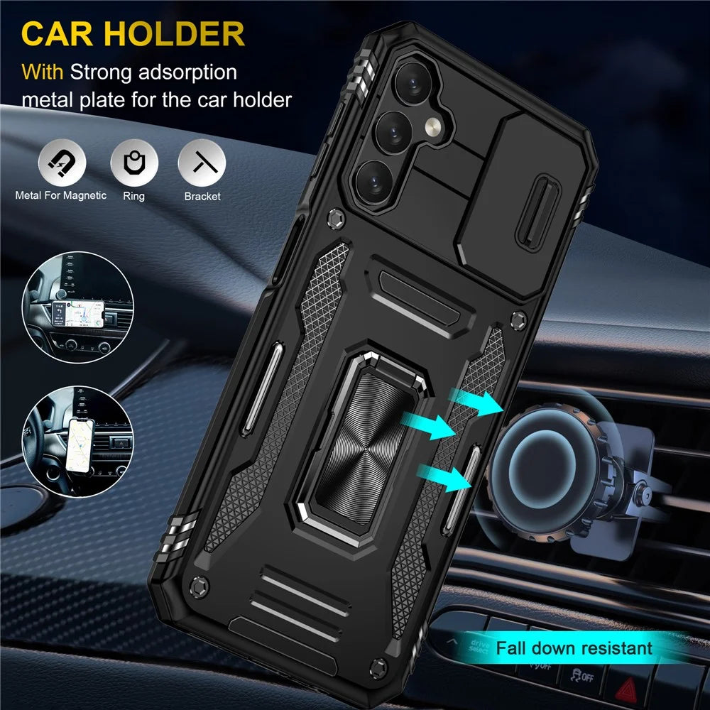 Armor Series For Samsung Galaxy A15 4G Case PC+TPU Anti-Drop Kickstand Phone Cover with Slide Lens Shield - Black - 6