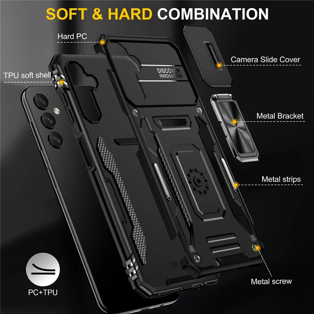 Armor Series For Samsung Galaxy A15 4G Case PC+TPU Anti-Drop Kickstand Phone Cover with Slide Lens Shield - Black - 7