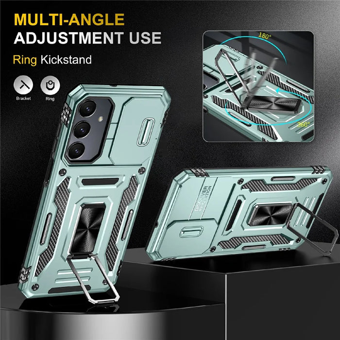 Armor Series For Samsung Galaxy S25 / S24 Case PC+TPU Shockproof Kickstand Smart Phone Back Protector with Slide Lens Lid - Green - 2