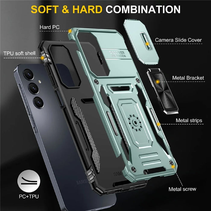 Armor Series For Samsung Galaxy S25 / S24 Case PC+TPU Shockproof Kickstand Smart Phone Back Protector with Slide Lens Lid - Green - 4