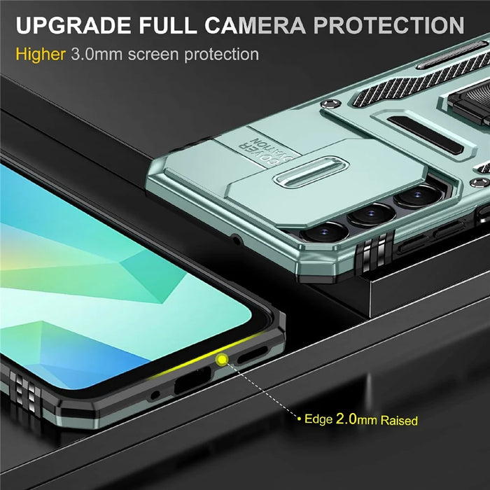 Armor Series For Samsung Galaxy S25 / S24 Case PC+TPU Shockproof Kickstand Smart Phone Back Protector with Slide Lens Lid - Green - 6