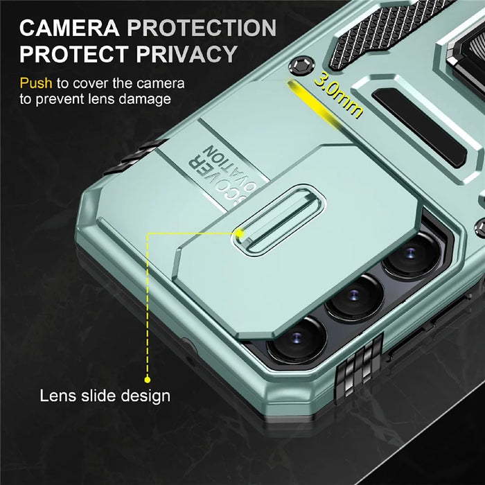 Armor Series For Samsung Galaxy S25 / S24 Case PC+TPU Shockproof Kickstand Smart Phone Back Protector with Slide Lens Lid - Green - 7