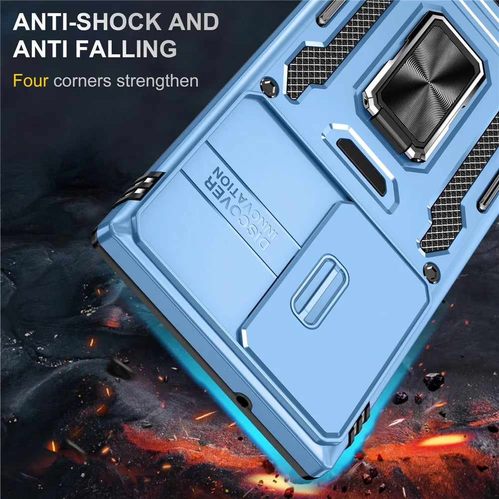 Armor Series For Samsung Galaxy S24 Ultra Case Slide Lens Protection Shockproof PC+TPU Kickstand Phone Cover - Light Blue - 2