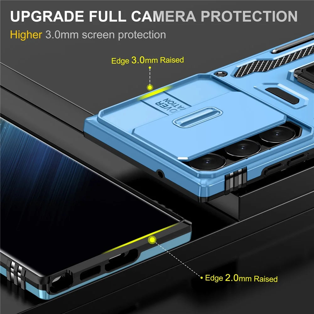 Armor Series For Samsung Galaxy S24 Ultra Case Slide Lens Protection Shockproof PC+TPU Kickstand Phone Cover - Light Blue - 3