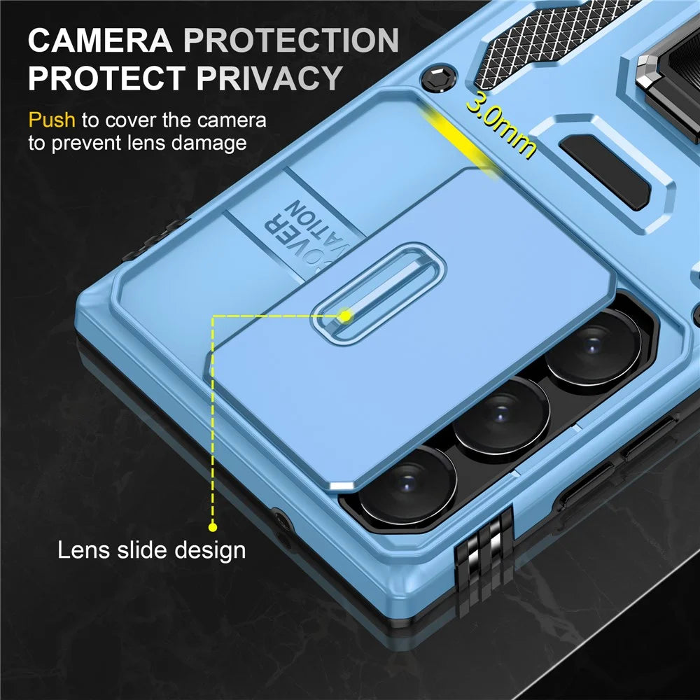 Armor Series For Samsung Galaxy S24 Ultra Case Slide Lens Protection Shockproof PC+TPU Kickstand Phone Cover - Light Blue - 5