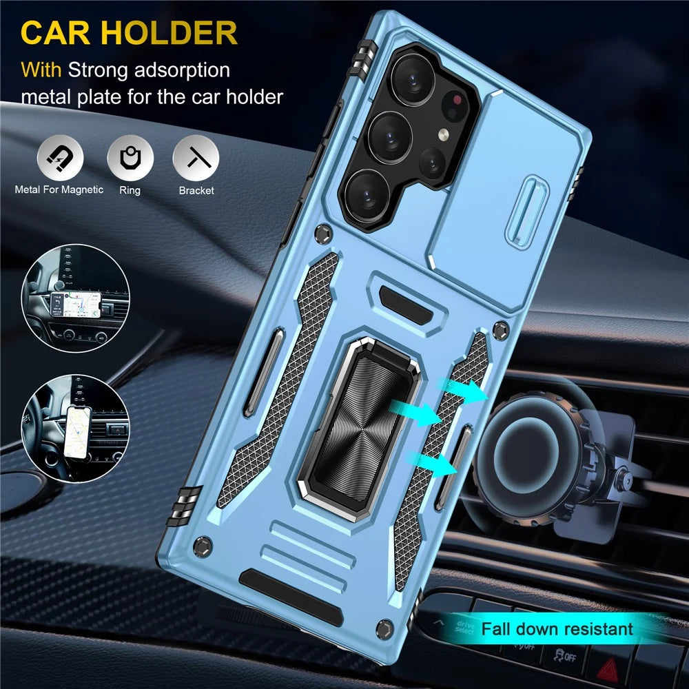 Armor Series For Samsung Galaxy S24 Ultra Case Slide Lens Protection Shockproof PC+TPU Kickstand Phone Cover - Light Blue - 6