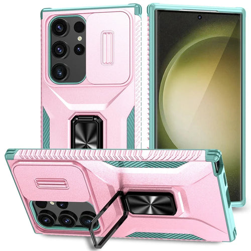 For Samsung Galaxy S24 Ultra Case Rotate Kickstand Slide Lens Window Phone Cover - Pink+Cyan - 1
