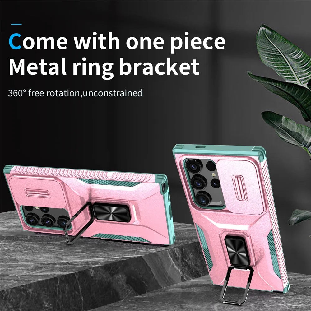 For Samsung Galaxy S24 Ultra Case Rotate Kickstand Slide Lens Window Phone Cover - Pink+Cyan - 2