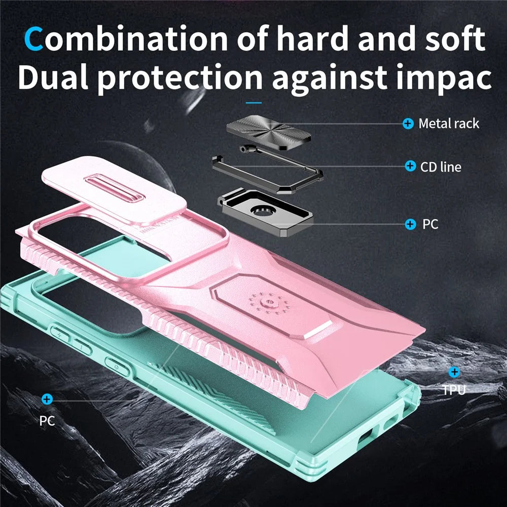 For Samsung Galaxy S24 Ultra Case Rotate Kickstand Slide Lens Window Phone Cover - Pink+Cyan - 3