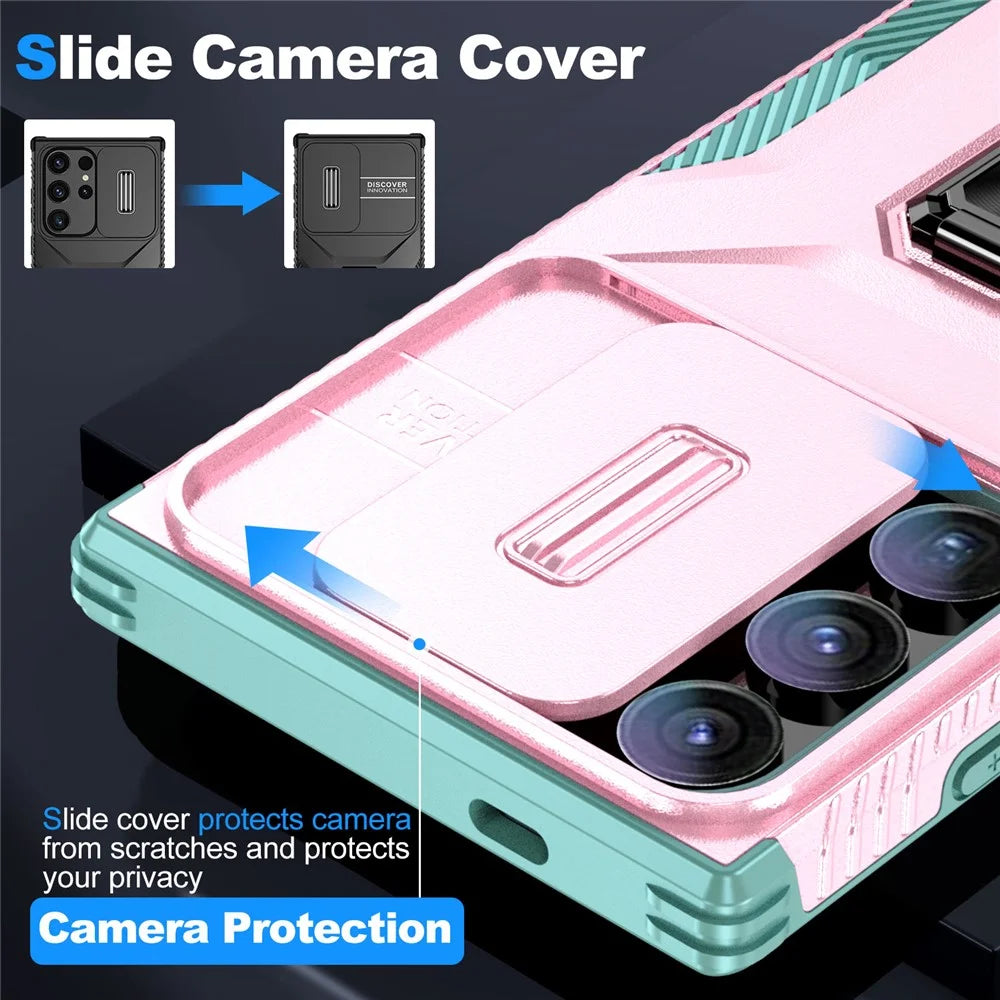 For Samsung Galaxy S24 Ultra Case Rotate Kickstand Slide Lens Window Phone Cover - Pink+Cyan - 4