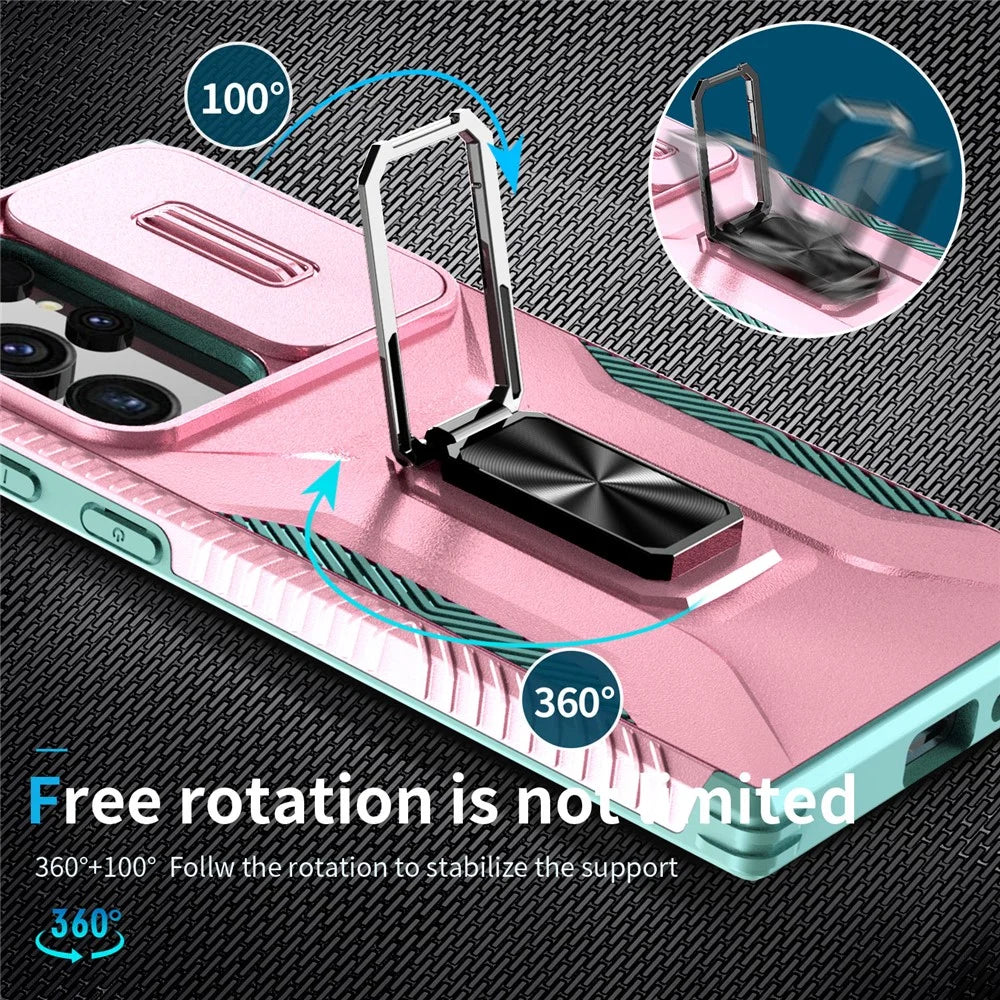 For Samsung Galaxy S24 Ultra Case Rotate Kickstand Slide Lens Window Phone Cover - Pink+Cyan - 5