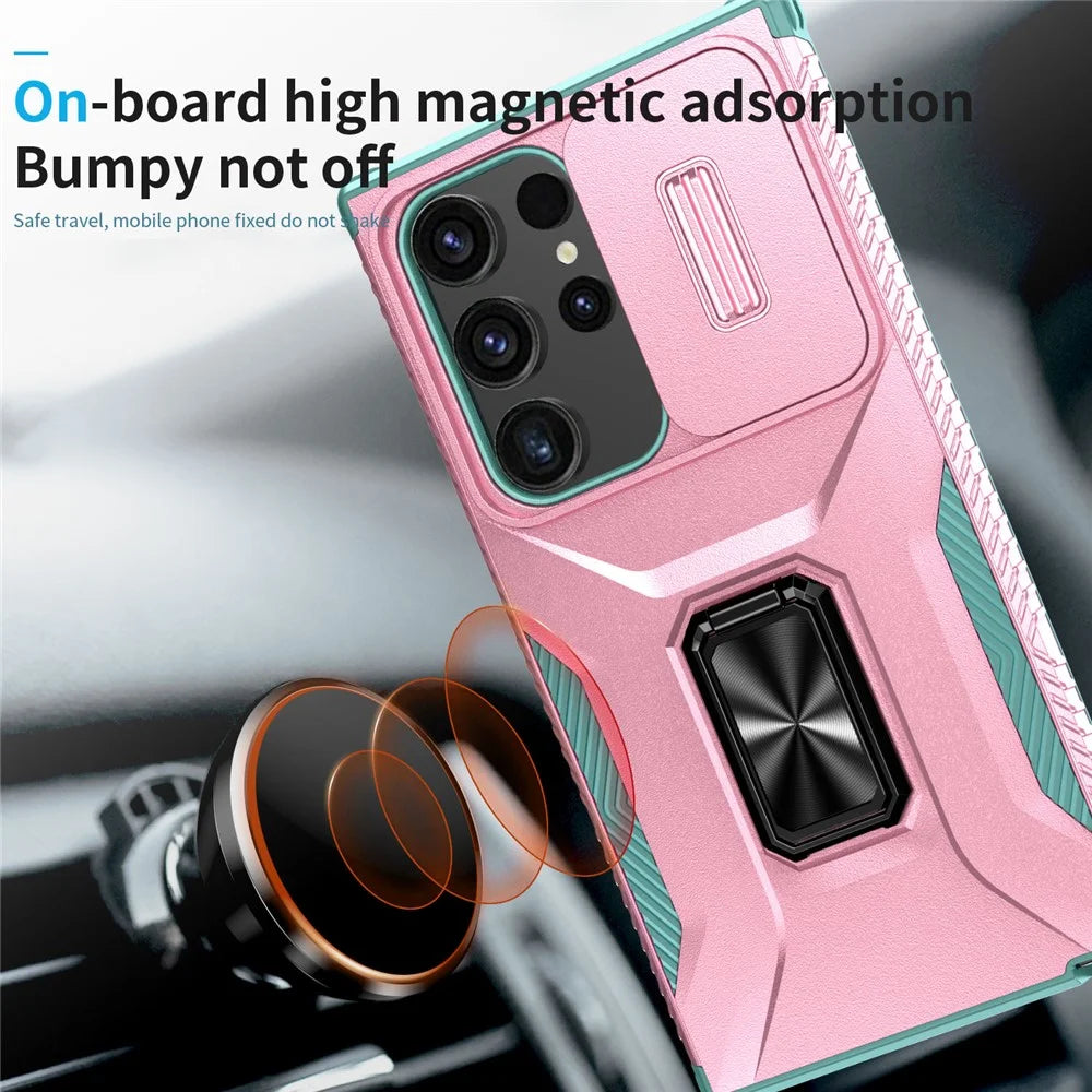 For Samsung Galaxy S24 Ultra Case Rotate Kickstand Slide Lens Window Phone Cover - Pink+Cyan - 6