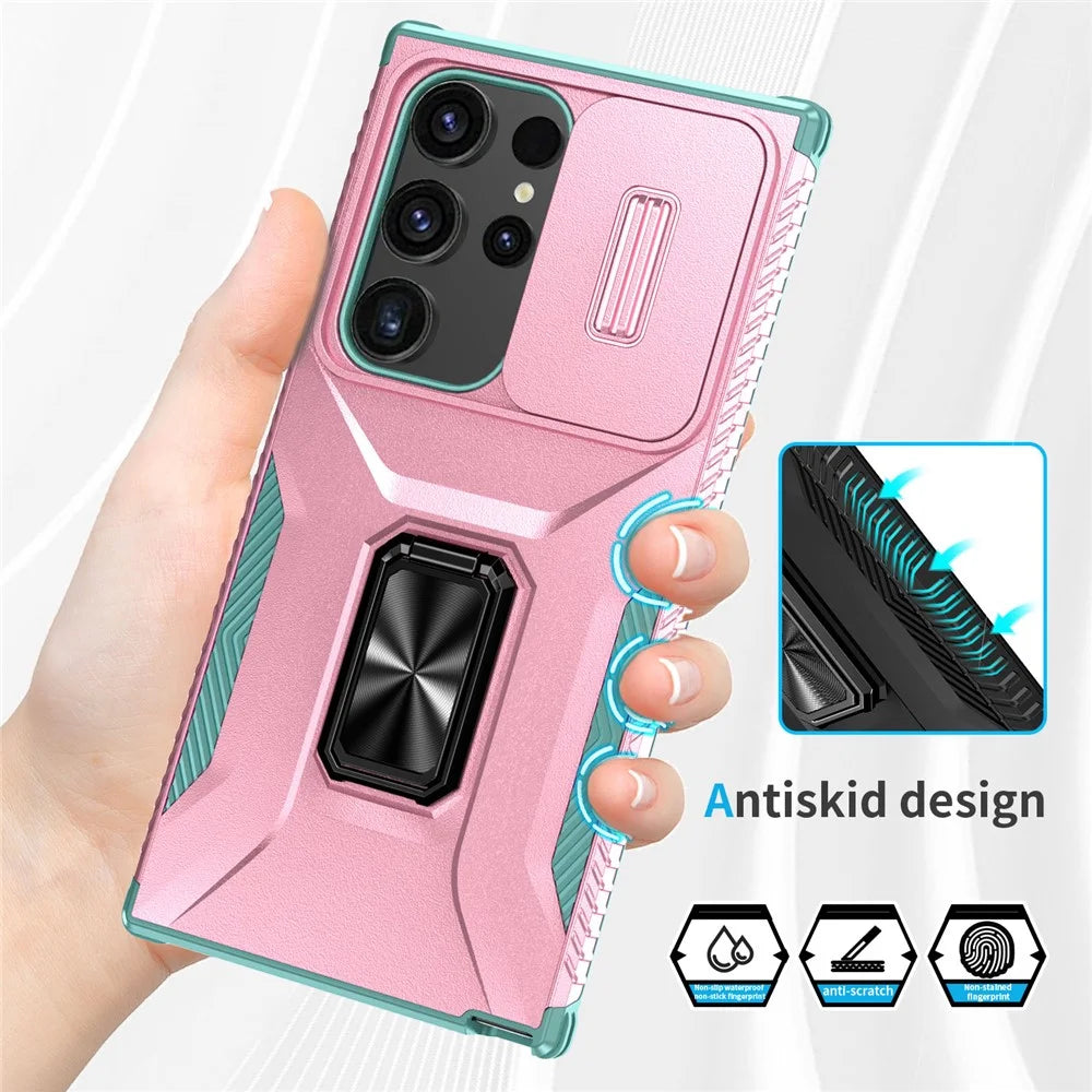 For Samsung Galaxy S24 Ultra Case Rotate Kickstand Slide Lens Window Phone Cover - Pink+Cyan - 7