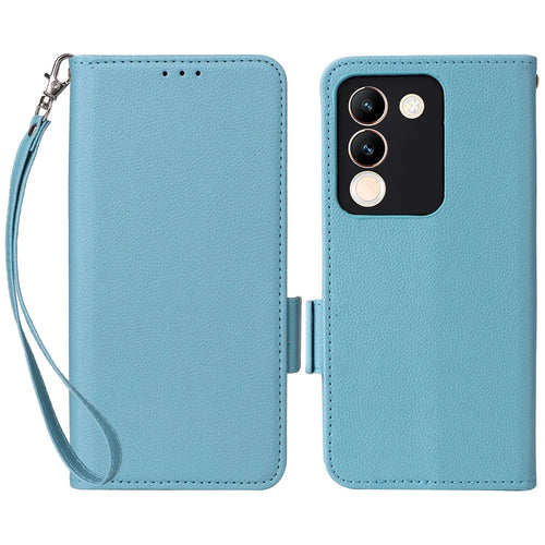 For vivo V29e (Global) 5G / Y200 (India) 5G Case PU Leather Wallet Litchi Texture Phone Cover with Strap - Baby Blue - 1