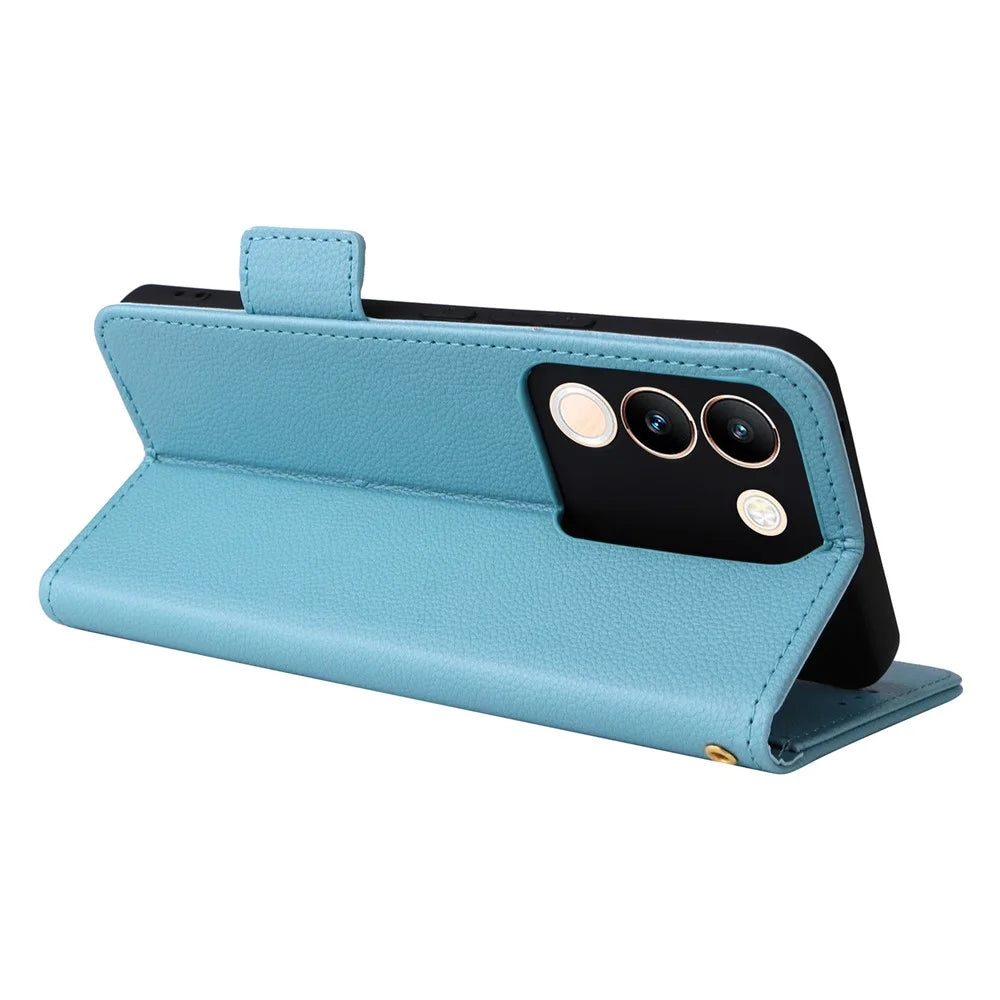 For vivo V29e (Global) 5G / Y200 (India) 5G Case PU Leather Wallet Litchi Texture Phone Cover with Strap - Baby Blue - 4
