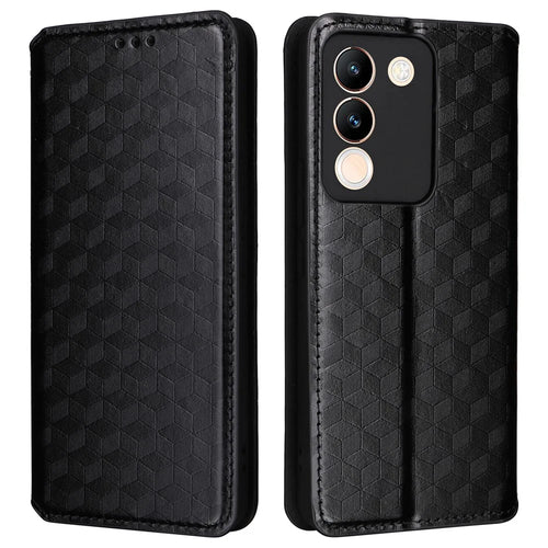 For vivo V29e (Global) 5G / Y200 (India) 5G Case Rhombus Imprinted Phone Cover with Wallet Stand - Black - 1